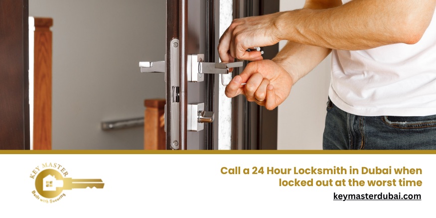 Technician offering 24 hour locksmith Dubai emergency services for an apartment lock problem.